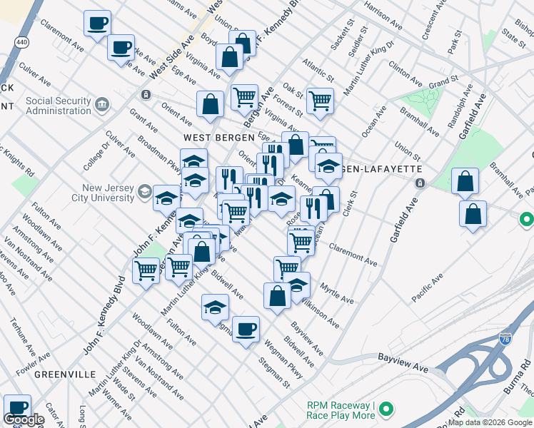 map of restaurants, bars, coffee shops, grocery stores, and more near 146 Myrtle Avenue in Jersey City