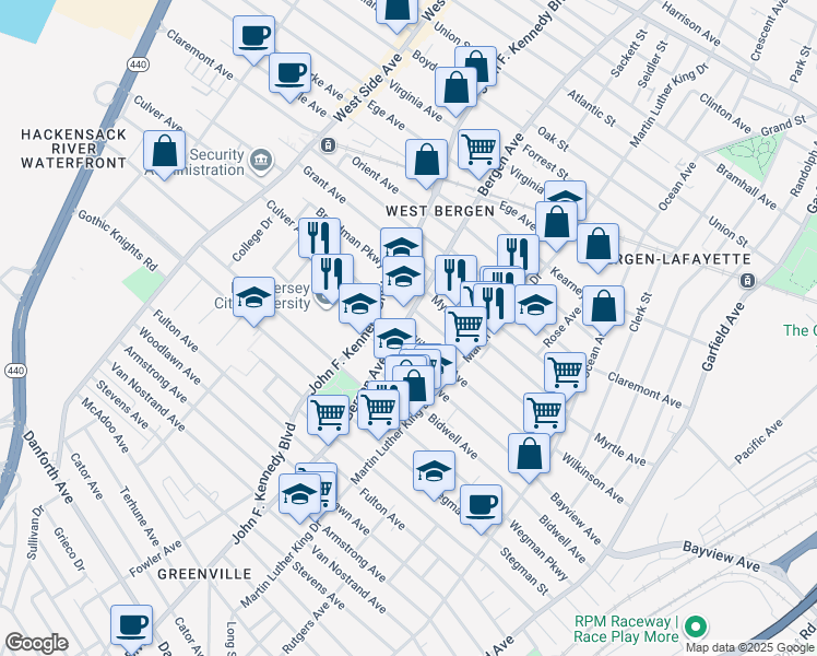 map of restaurants, bars, coffee shops, grocery stores, and more near 176 Bergen Avenue in Jersey City