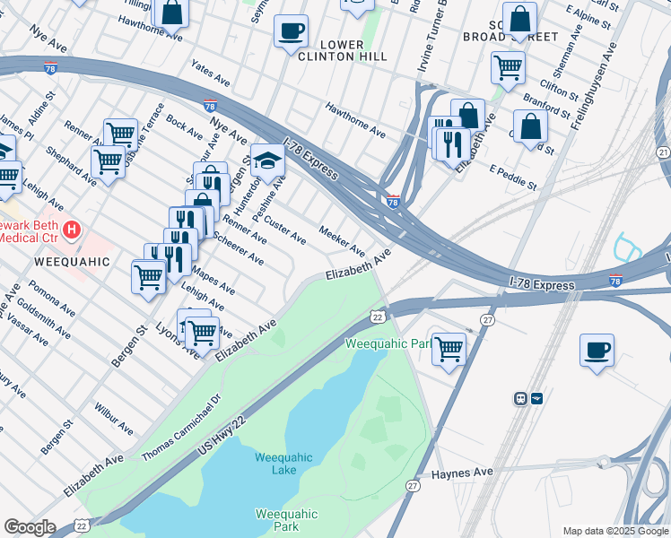 map of restaurants, bars, coffee shops, grocery stores, and more near in Newark