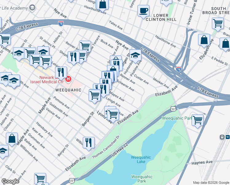 map of restaurants, bars, coffee shops, grocery stores, and more near 77 Lehigh Avenue in Newark