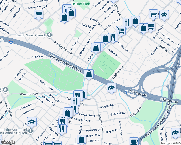 map of restaurants, bars, coffee shops, grocery stores, and more near 1531 Stuyvesant Avenue in Union Township