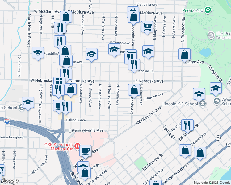 map of restaurants, bars, coffee shops, grocery stores, and more near 703 East Ravine Avenue in Peoria
