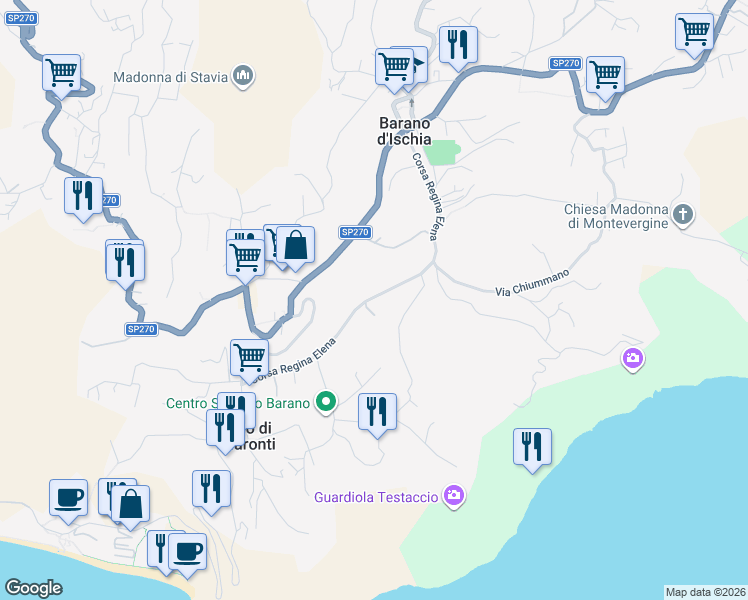 map of restaurants, bars, coffee shops, grocery stores, and more near 54 Corsa Regina Elena in Barano D'ischia