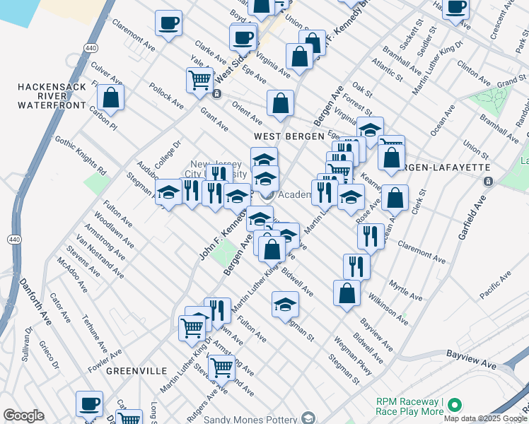 map of restaurants, bars, coffee shops, grocery stores, and more near Bergen Avenue & Wilkinson Avenue in Jersey City