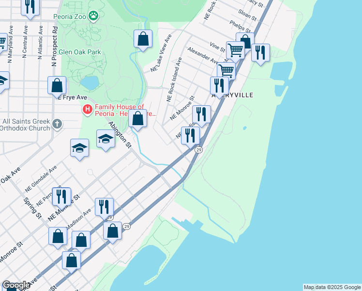 map of restaurants, bars, coffee shops, grocery stores, and more near 104 Van Buren Street in Peoria