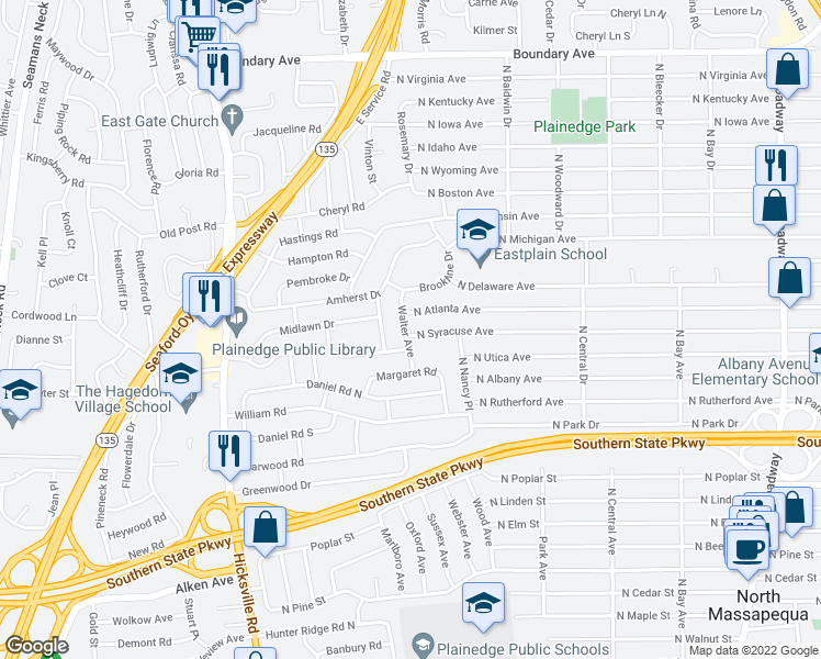map of restaurants, bars, coffee shops, grocery stores, and more near 16 Walter Avenue in Massapequa