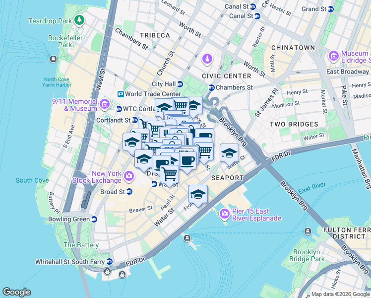 map of restaurants, bars, coffee shops, grocery stores, and more near 130 William Street in New York