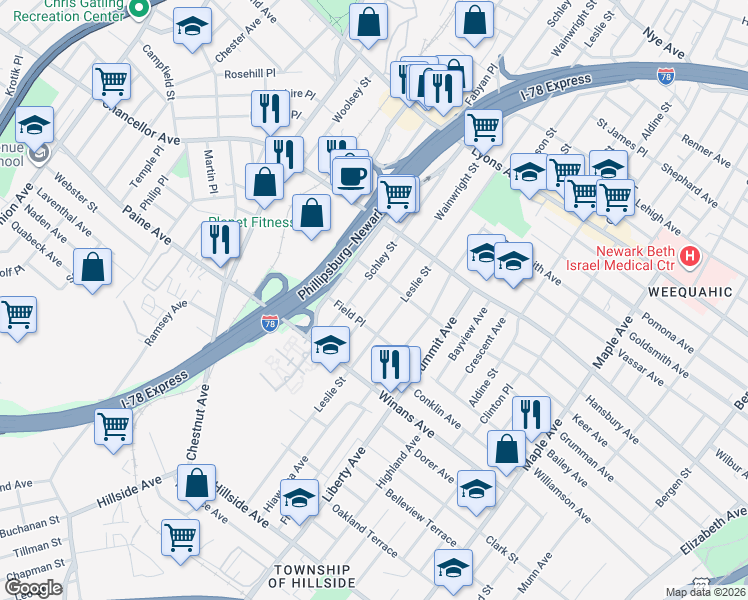 map of restaurants, bars, coffee shops, grocery stores, and more near 477 Leslie Street in Newark