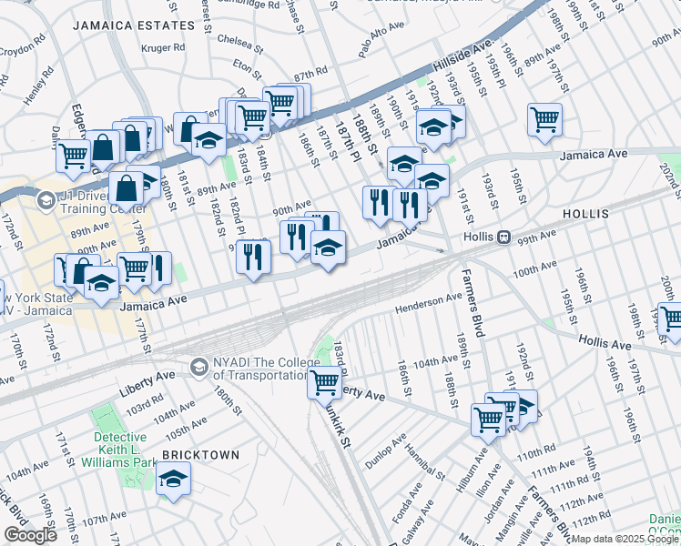map of restaurants, bars, coffee shops, grocery stores, and more near 184-10 Jamaica Avenue in Queens