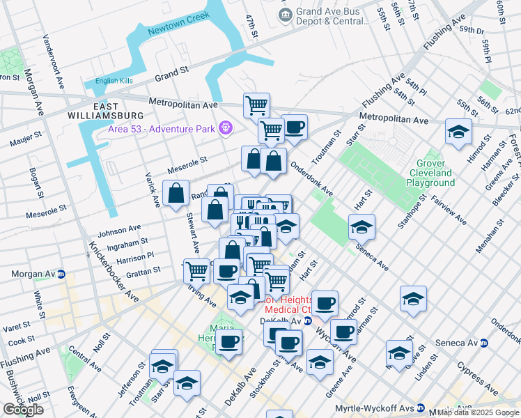 map of restaurants, bars, coffee shops, grocery stores, and more near Cypress Ave & Jefferson St in Brooklyn