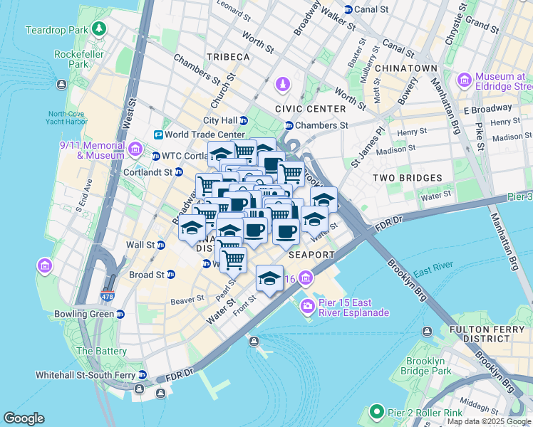 map of restaurants, bars, coffee shops, grocery stores, and more near Gold Street in New York