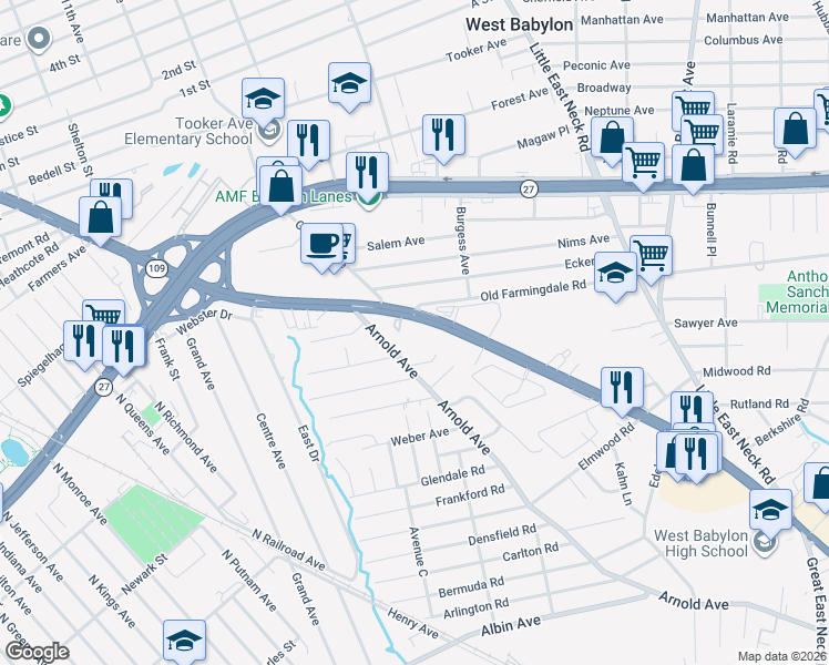 map of restaurants, bars, coffee shops, grocery stores, and more near 455 Arnold Avenue in West Babylon