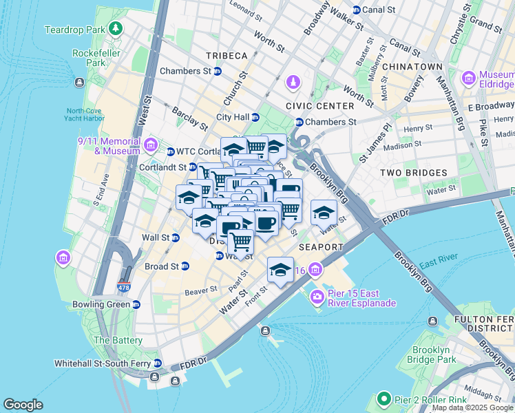 map of restaurants, bars, coffee shops, grocery stores, and more near 106 William Street in New York