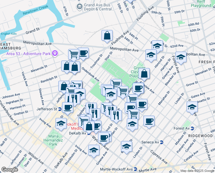 map of restaurants, bars, coffee shops, grocery stores, and more near 291 Onderdonk Avenue in Queens