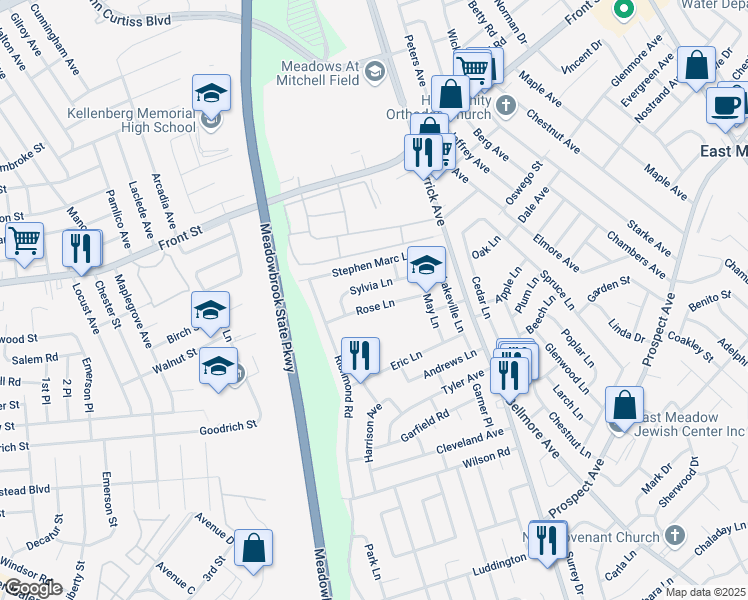 map of restaurants, bars, coffee shops, grocery stores, and more near 1461 Rose Lane in East Meadow
