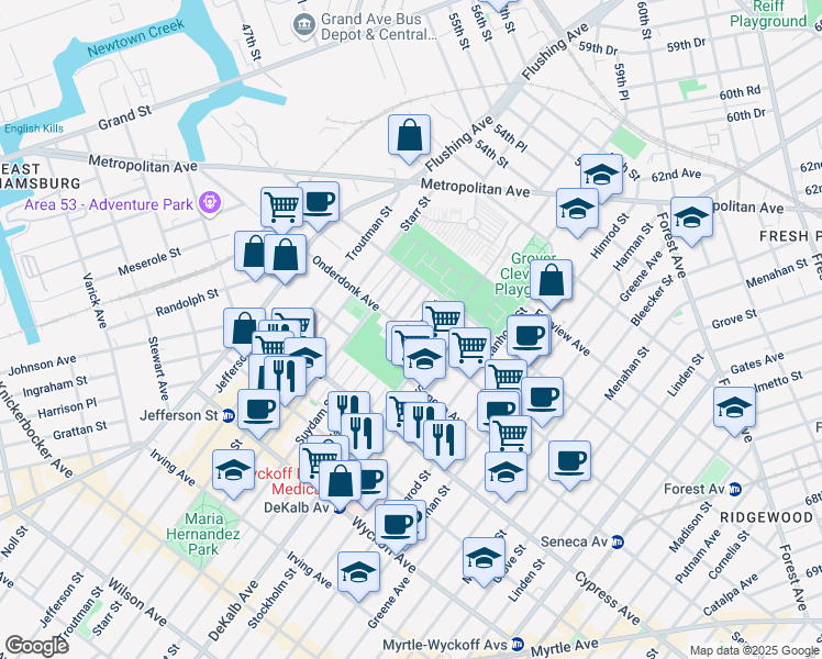 map of restaurants, bars, coffee shops, grocery stores, and more near 3-10 Onderdonk Avenue in Queens
