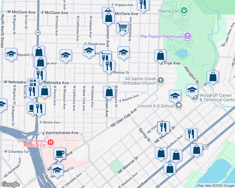 map of restaurants, bars, coffee shops, grocery stores, and more near 1800 North Delaware Street in Peoria