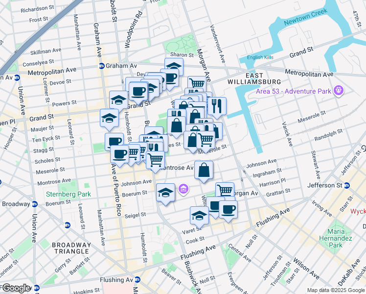 map of restaurants, bars, coffee shops, grocery stores, and more near 286 Meserole Street in Brooklyn