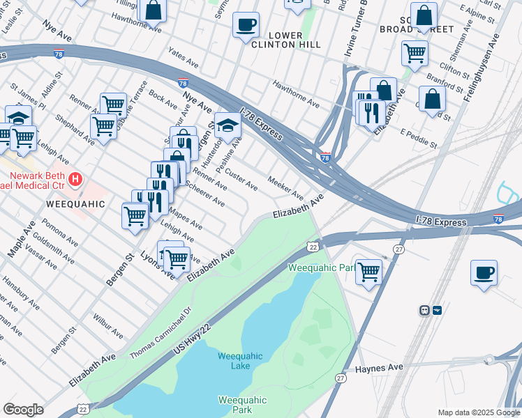 map of restaurants, bars, coffee shops, grocery stores, and more near 489 Elizabeth Avenue in Newark
