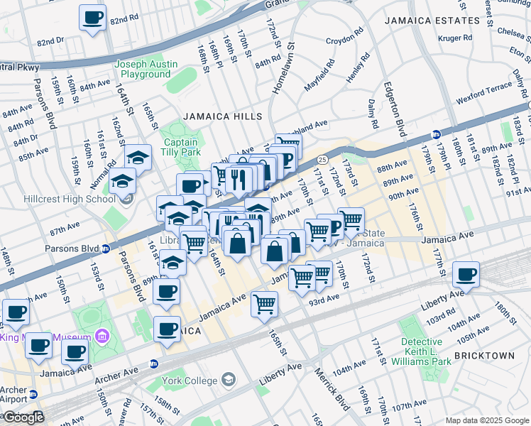 map of restaurants, bars, coffee shops, grocery stores, and more near 166-26 89th Avenue in Queens