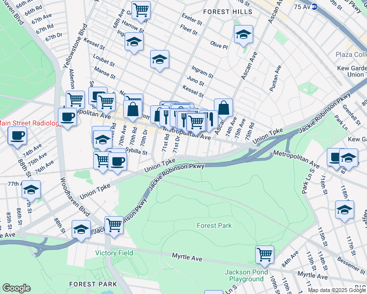 map of restaurants, bars, coffee shops, grocery stores, and more near 96-03 72nd Road in Queens