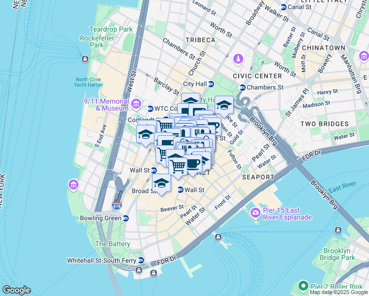 map of restaurants, bars, coffee shops, grocery stores, and more near 22 Maiden Lane in New York