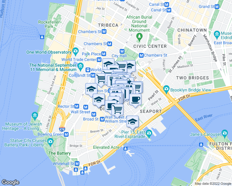 map of restaurants, bars, coffee shops, grocery stores, and more near 55 John Street in New York