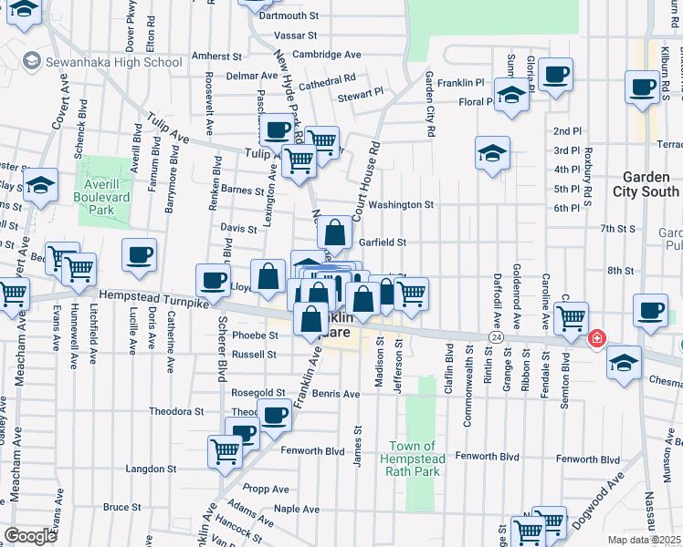 map of restaurants, bars, coffee shops, grocery stores, and more near 36 New Hyde Park Road in Franklin Square