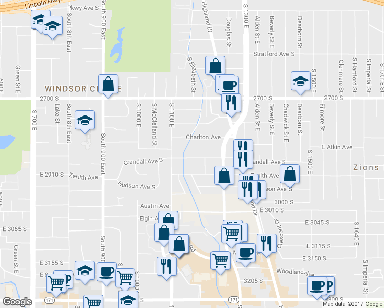 map of restaurants, bars, coffee shops, grocery stores, and more near 1153 Crandall Avenue South in Salt Lake City