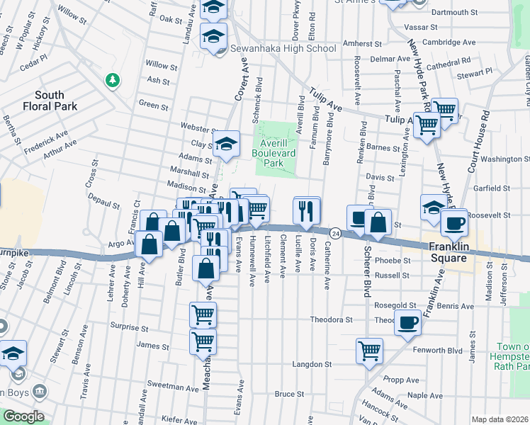 map of restaurants, bars, coffee shops, grocery stores, and more near 1276 Hempstead Turnpike in Elmont