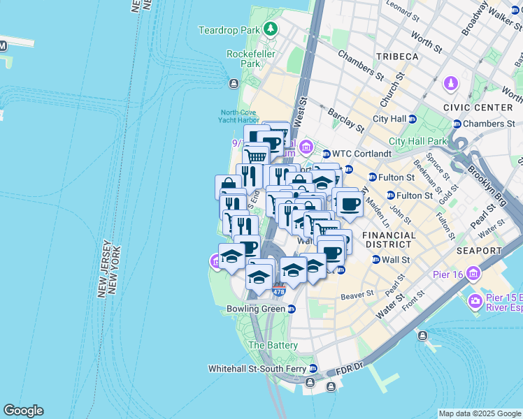 map of restaurants, bars, coffee shops, grocery stores, and more near 202 Rector Place in New York