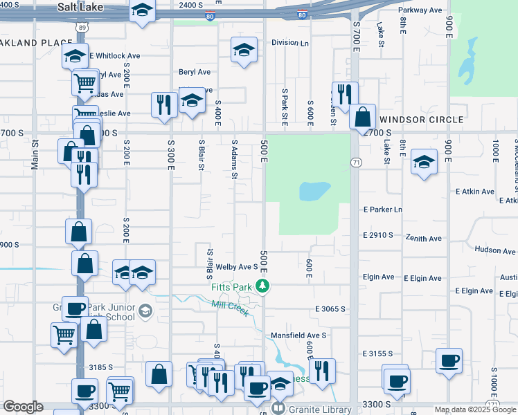 map of restaurants, bars, coffee shops, grocery stores, and more near 2848 South 500 East in South Salt Lake