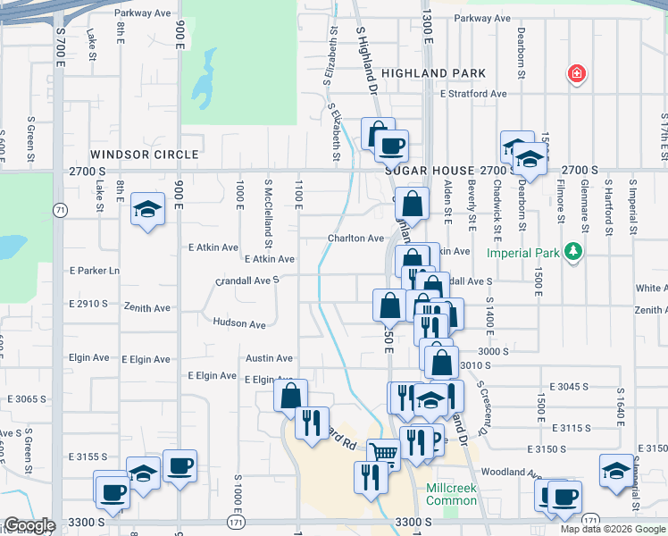 map of restaurants, bars, coffee shops, grocery stores, and more near 1153 Crandall Avenue South in Salt Lake City