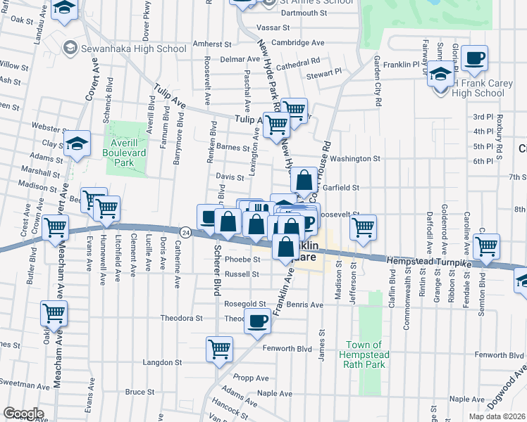 map of restaurants, bars, coffee shops, grocery stores, and more near 1038 Lloyd Street in Franklin Square