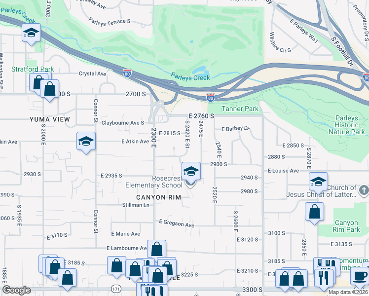 map of restaurants, bars, coffee shops, grocery stores, and more near 2856 Lakeview Drive in Salt Lake City