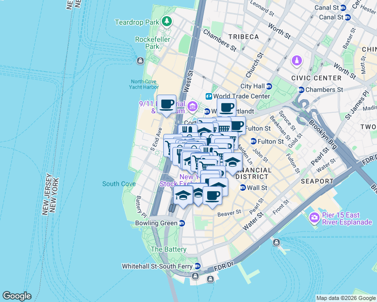 map of restaurants, bars, coffee shops, grocery stores, and more near 123 Washington Street in New York