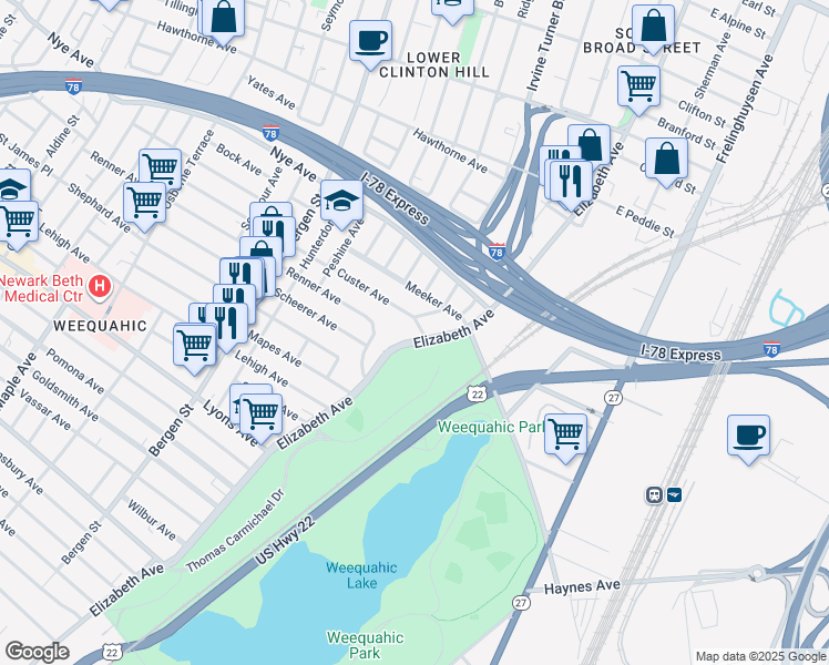 map of restaurants, bars, coffee shops, grocery stores, and more near 479 Elizabeth Avenue in Newark
