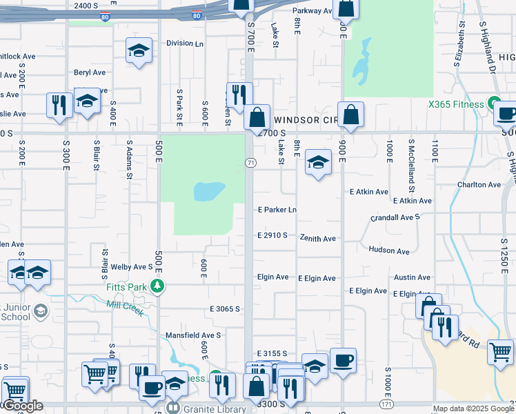map of restaurants, bars, coffee shops, grocery stores, and more near 715 East Parker Lane in South Salt Lake
