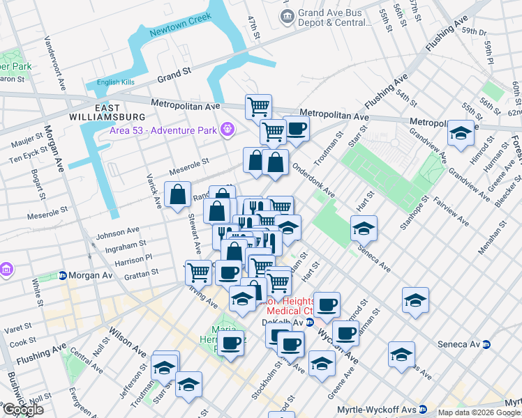 map of restaurants, bars, coffee shops, grocery stores, and more near 12 Cypress Avenue in Brooklyn