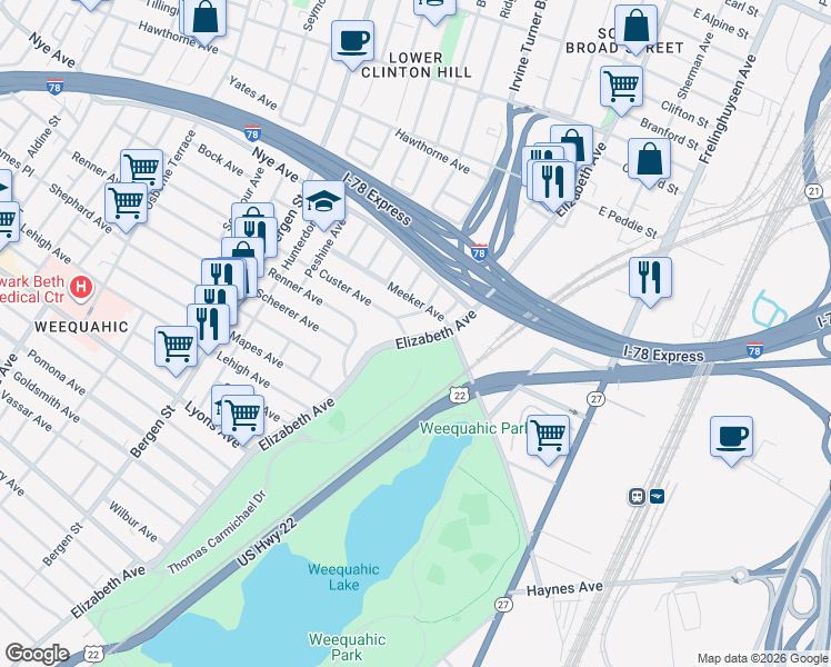 map of restaurants, bars, coffee shops, grocery stores, and more near 469 Elizabeth Avenue in Newark