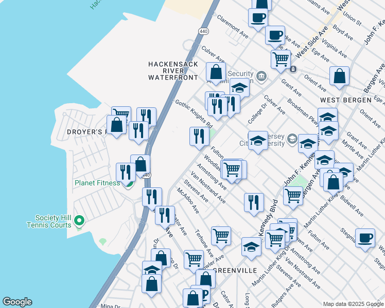 map of restaurants, bars, coffee shops, grocery stores, and more near 111 West Side Avenue in Jersey City