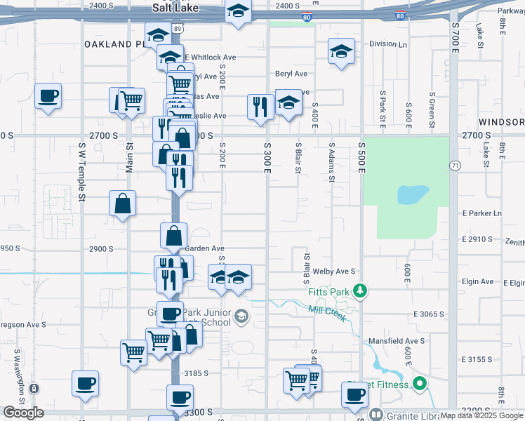 map of restaurants, bars, coffee shops, grocery stores, and more near 2852 South 300 East in South Salt Lake