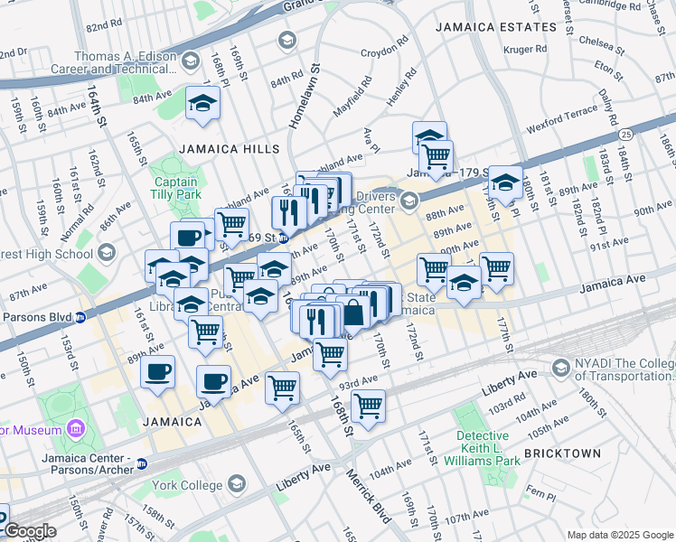map of restaurants, bars, coffee shops, grocery stores, and more near 169-12 90th Avenue in Queens