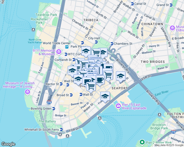 map of restaurants, bars, coffee shops, grocery stores, and more near 66 John Street in New York