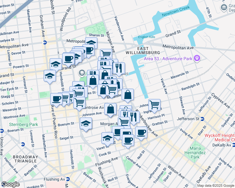 map of restaurants, bars, coffee shops, grocery stores, and more near 316 Meserole Street in Brooklyn