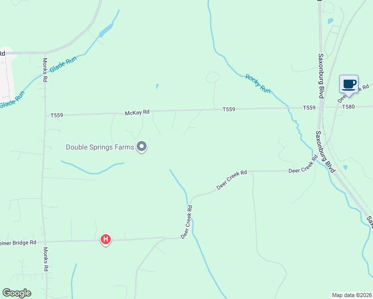 map of restaurants, bars, coffee shops, grocery stores, and more near 166 McKay Road in Saxonburg