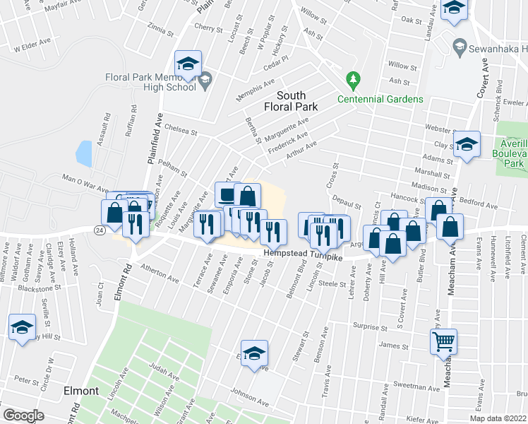 map of restaurants, bars, coffee shops, grocery stores, and more near 56 in Elmont