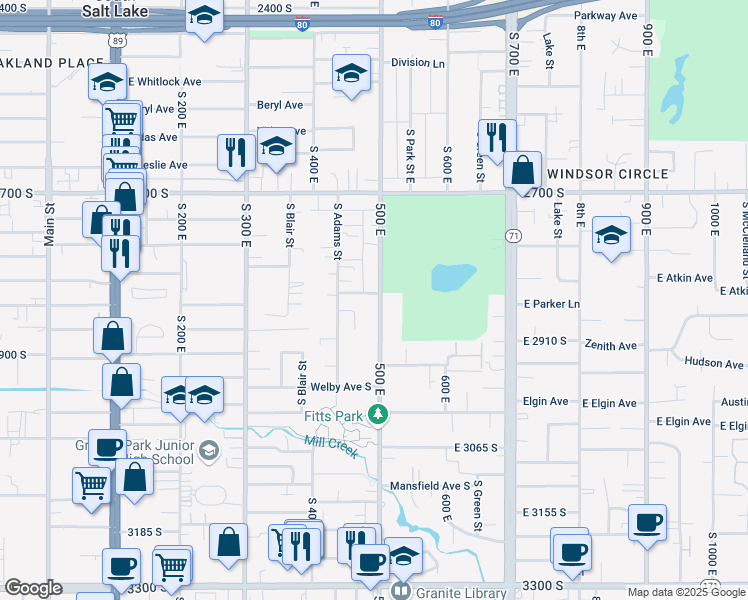 map of restaurants, bars, coffee shops, grocery stores, and more near 2883 South Avon Place in South Salt Lake