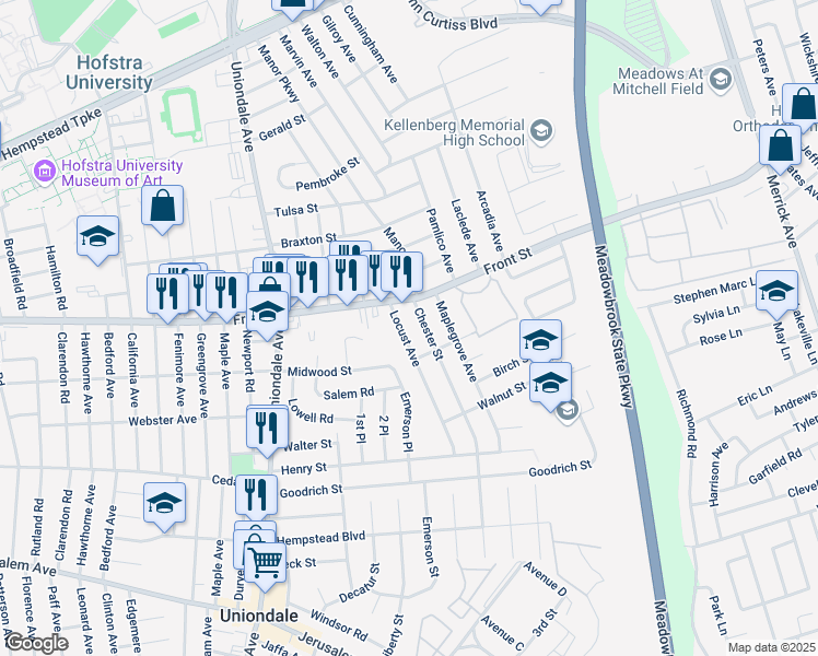 map of restaurants, bars, coffee shops, grocery stores, and more near 331 Locust Avenue in Uniondale