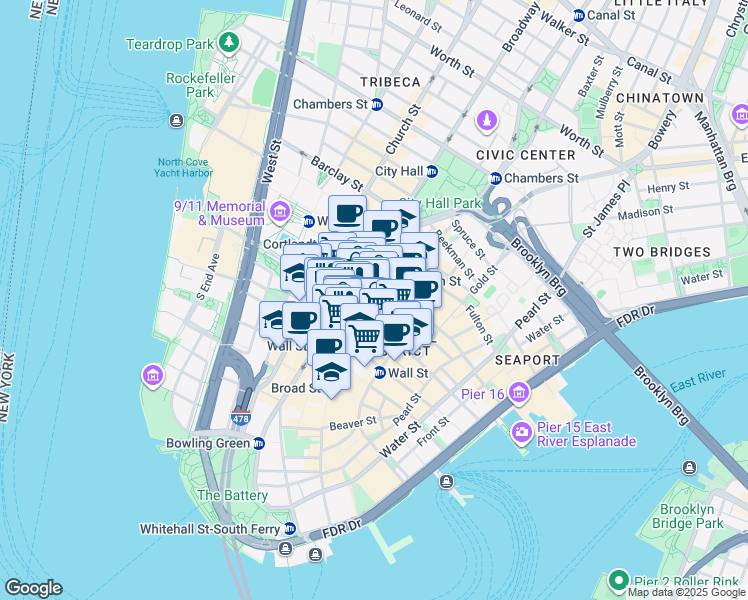 map of restaurants, bars, coffee shops, grocery stores, and more near 48 Wall Street in New York